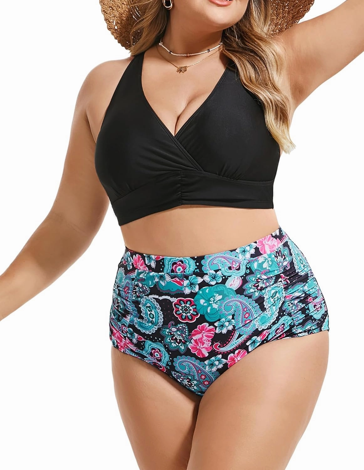 Women's Plus Size Halter V Neck Bikini Swimsuits High Waisted Ruched Tummy Control Swimwear