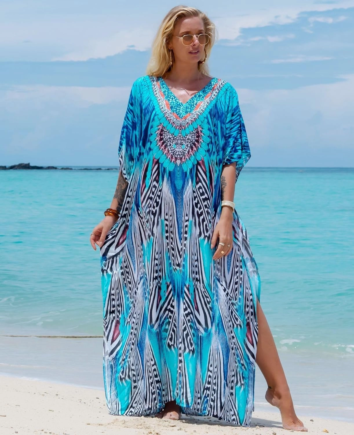 Women's Plus Size Moroccan Print V-Neck Batwing Kaftan Loose Fit Beach Dress Bathing Suit Cover Up