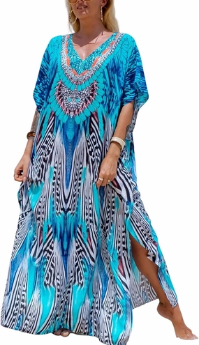 Women's Plus Size Moroccan Print V-Neck Batwing Kaftan Loose Fit Beach Dress Bathing Suit Cover Up