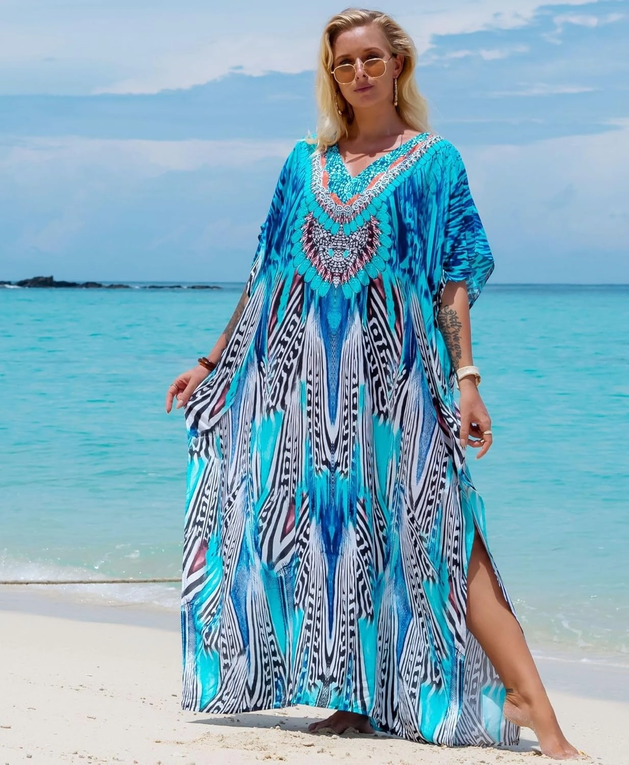 Women's Plus Size Moroccan Print V-Neck Batwing Kaftan Loose Fit Beach Dress Bathing Suit Cover Up
