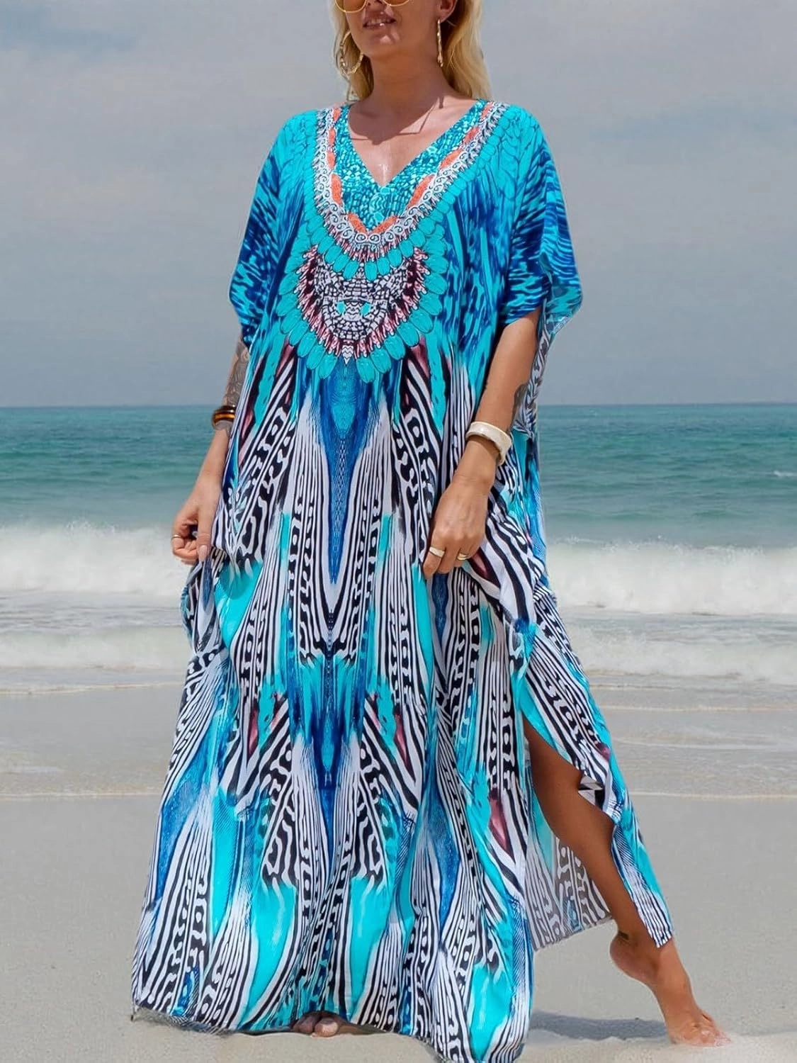 Women's Plus Size Moroccan Print V-Neck Batwing Kaftan Loose Fit Beach Dress Bathing Suit Cover Up