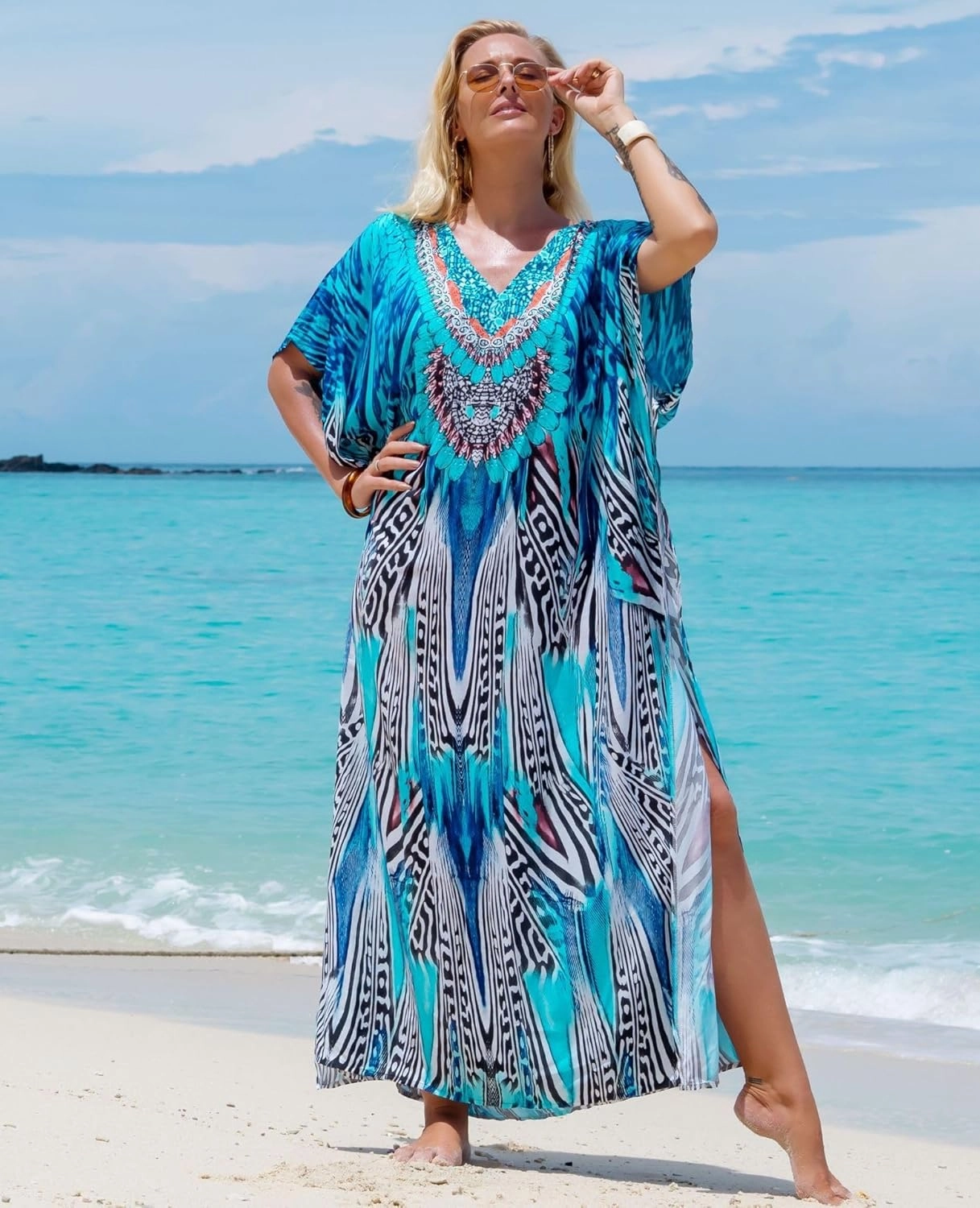 Women's Plus Size Moroccan Print V-Neck Batwing Kaftan Loose Fit Beach Dress Bathing Suit Cover Up