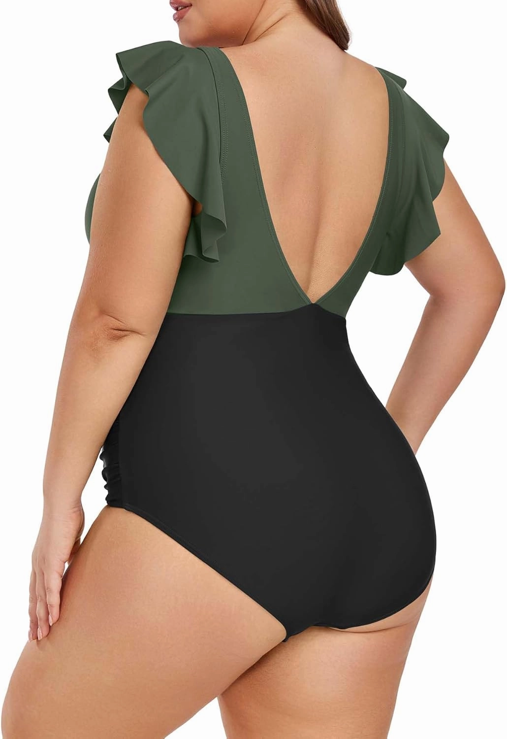 Women's Plus Size One Piece Swimsuit Tummy Control V Neck Bathing Suit Cutout Ruffle Swimwear