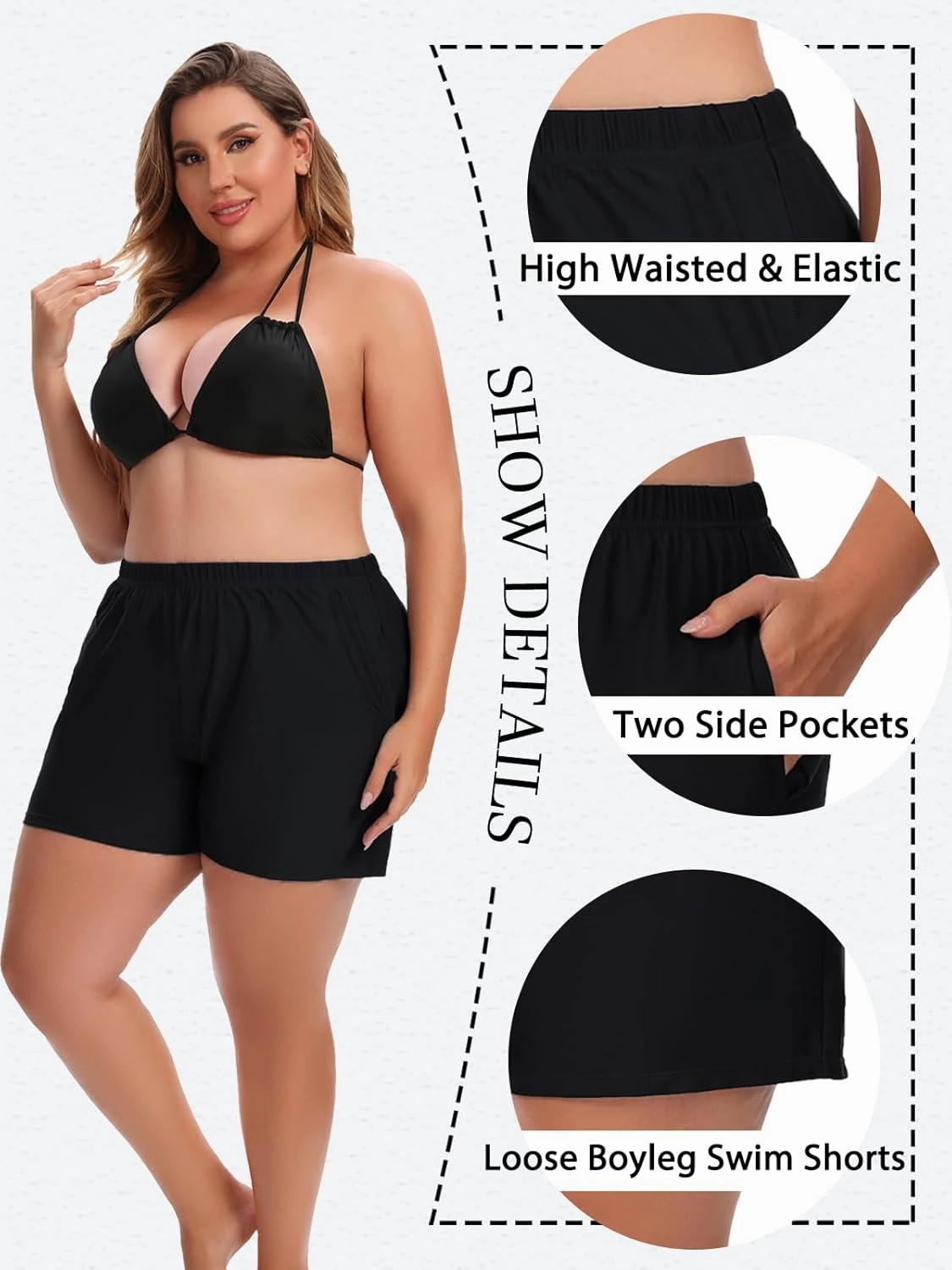 Women's Plus Size Swim Shorts High Waisted Bathing Suit Bottoms Long Swimsuit Board Short Tankini Trunks with Pocket