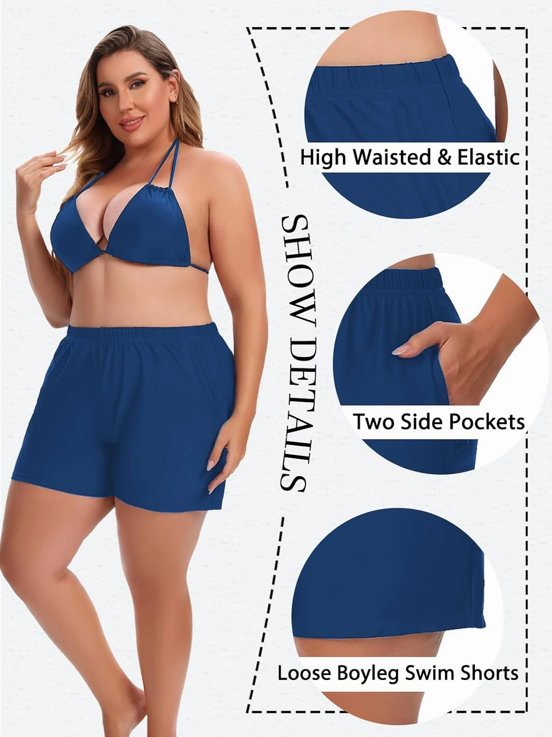 Women's Plus Size Swim Shorts High Waisted Bathing Suit Bottoms Long Swimsuit Board Short Tankini Trunks with Pocket