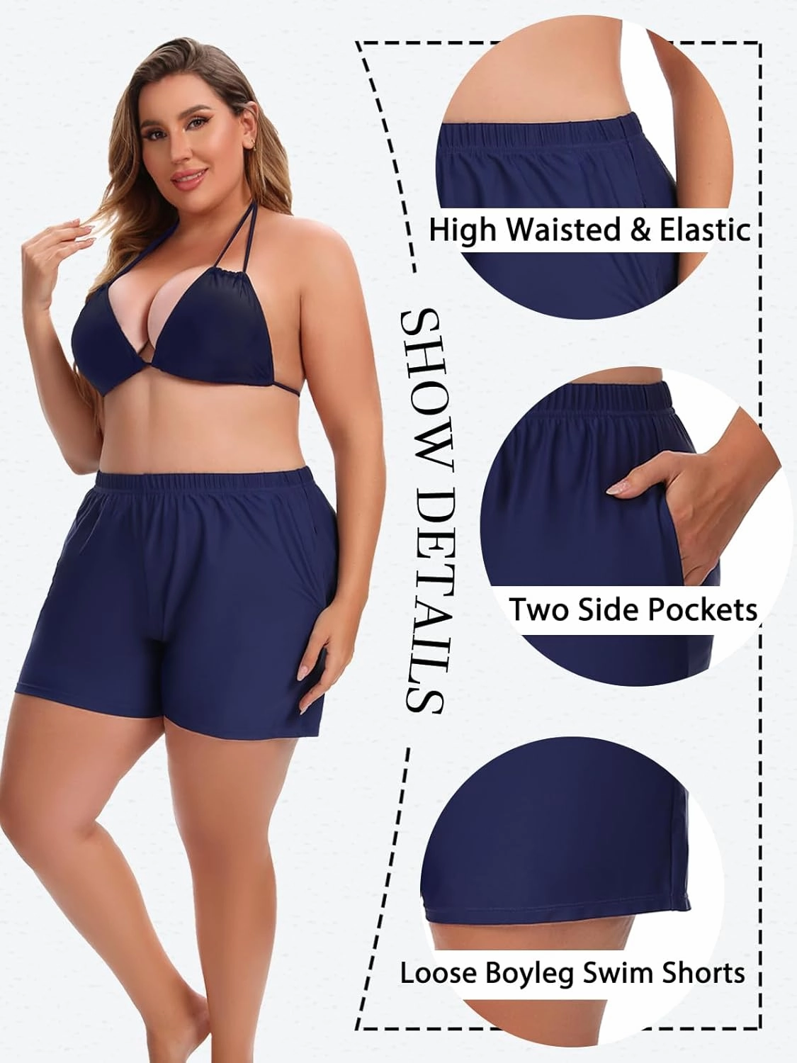 Women's Plus Size Swim Shorts High Waisted Bathing Suit Bottoms Long Swimsuit Board Short Tankini Trunks with Pocket