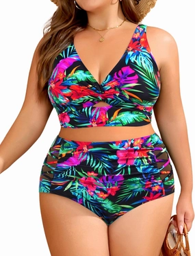 Women's Plus Size Two Piece Swimsuits - High Waisted Bikini Tummy Control Bathing Suits 2025 Twist Knot Swimwear