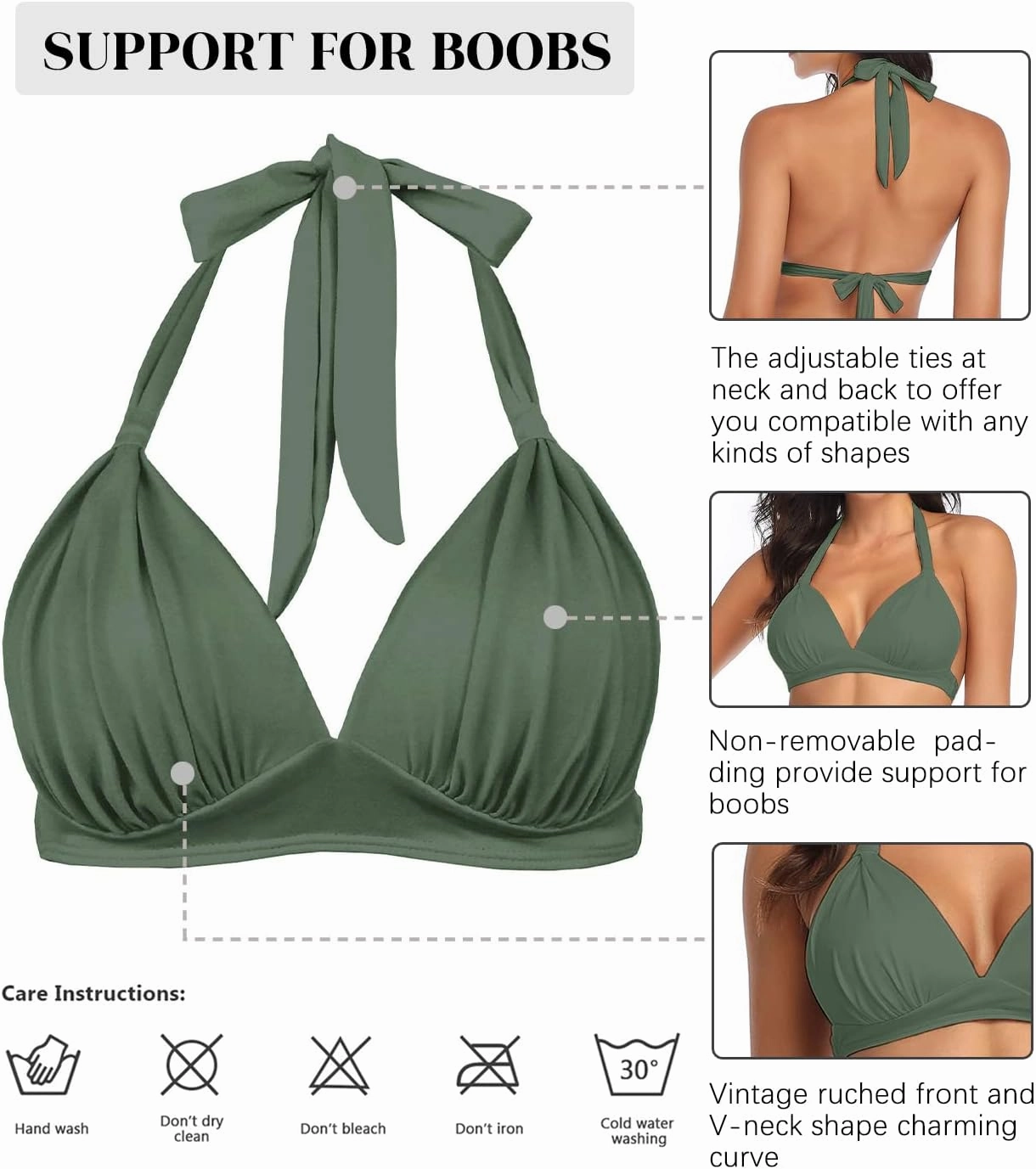 Women's Retro 50s Plaid Pattern Polka Dot Halter Molded Soft Pads Vintage Bikini Swimsuits Tops