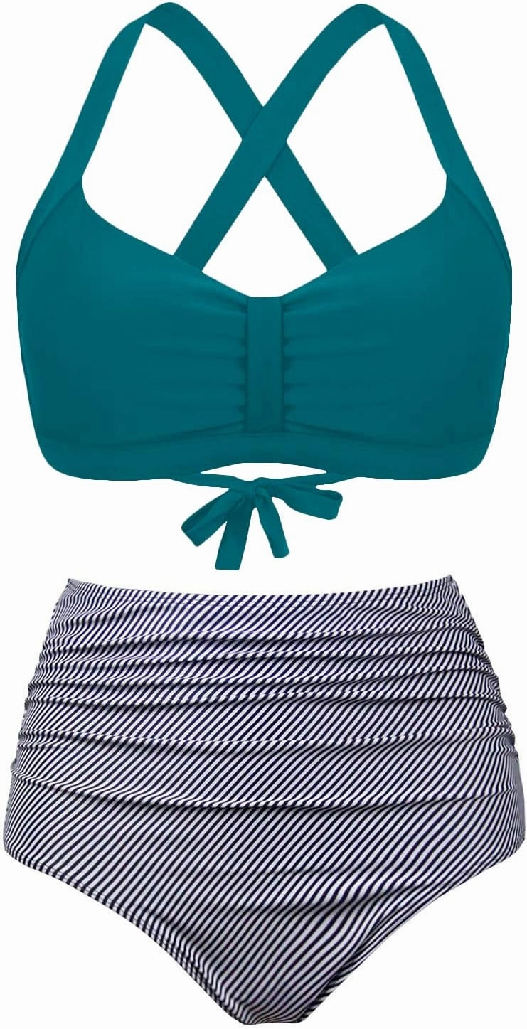 Women's Retro Printed Adjustable Thick Straps Cross Back Push Up Vintage Bikini Swimsuit Tops Only