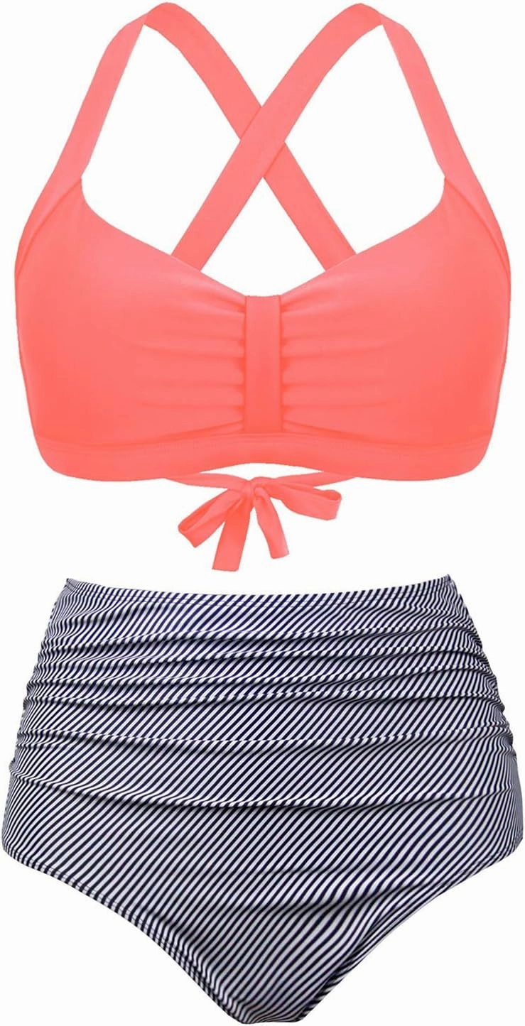 Women's Retro Printed Adjustable Thick Straps Cross Back Push Up Vintage Bikini Swimsuit Tops Only