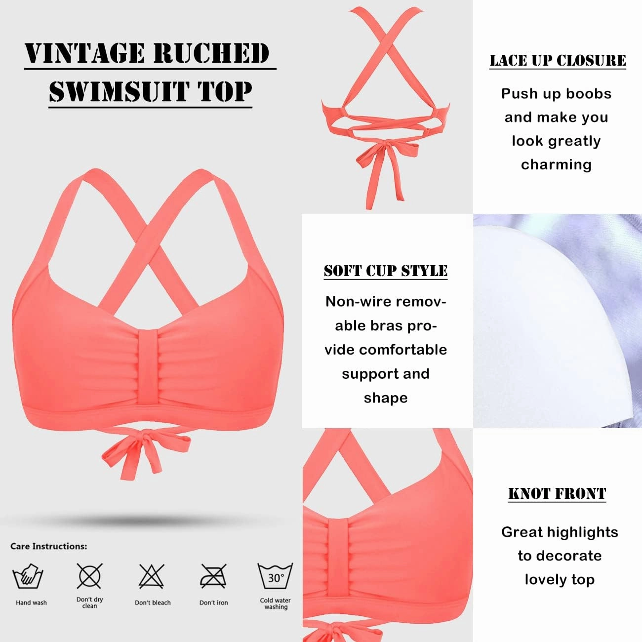 Women's Retro Printed Adjustable Thick Straps Cross Back Push Up Vintage Bikini Swimsuit Tops Only