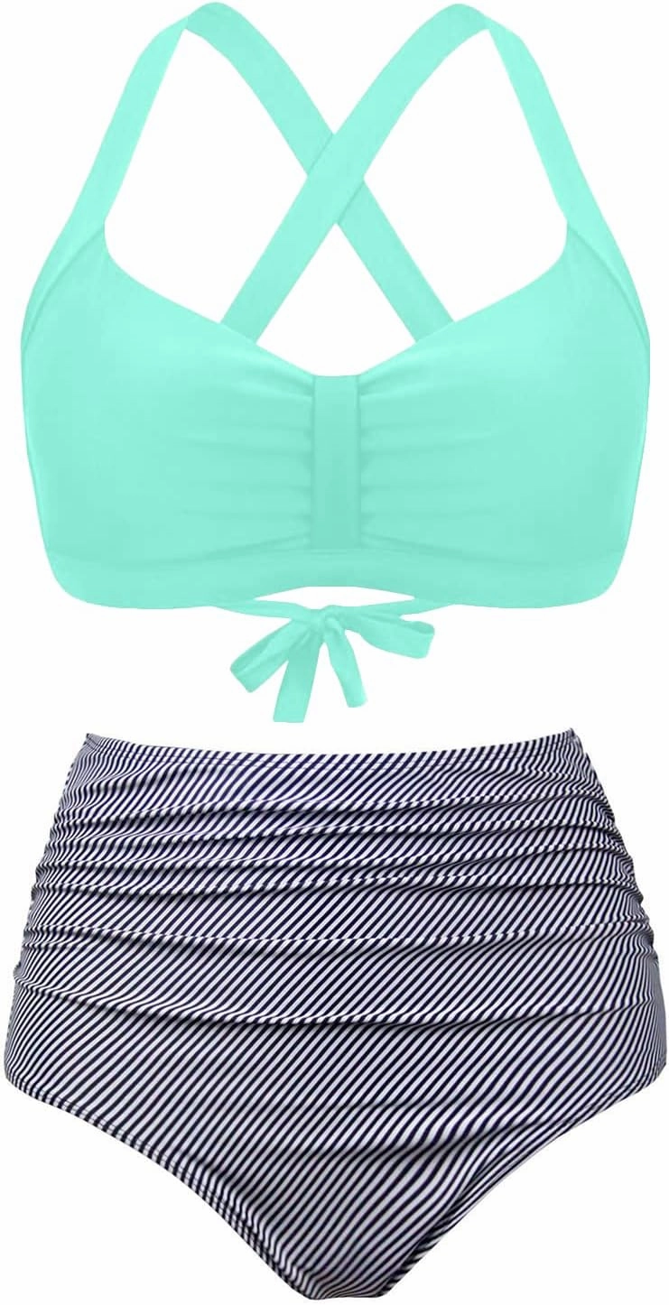 Women's Retro Printed Adjustable Thick Straps Cross Back Push Up Vintage Bikini Swimsuit Tops Only