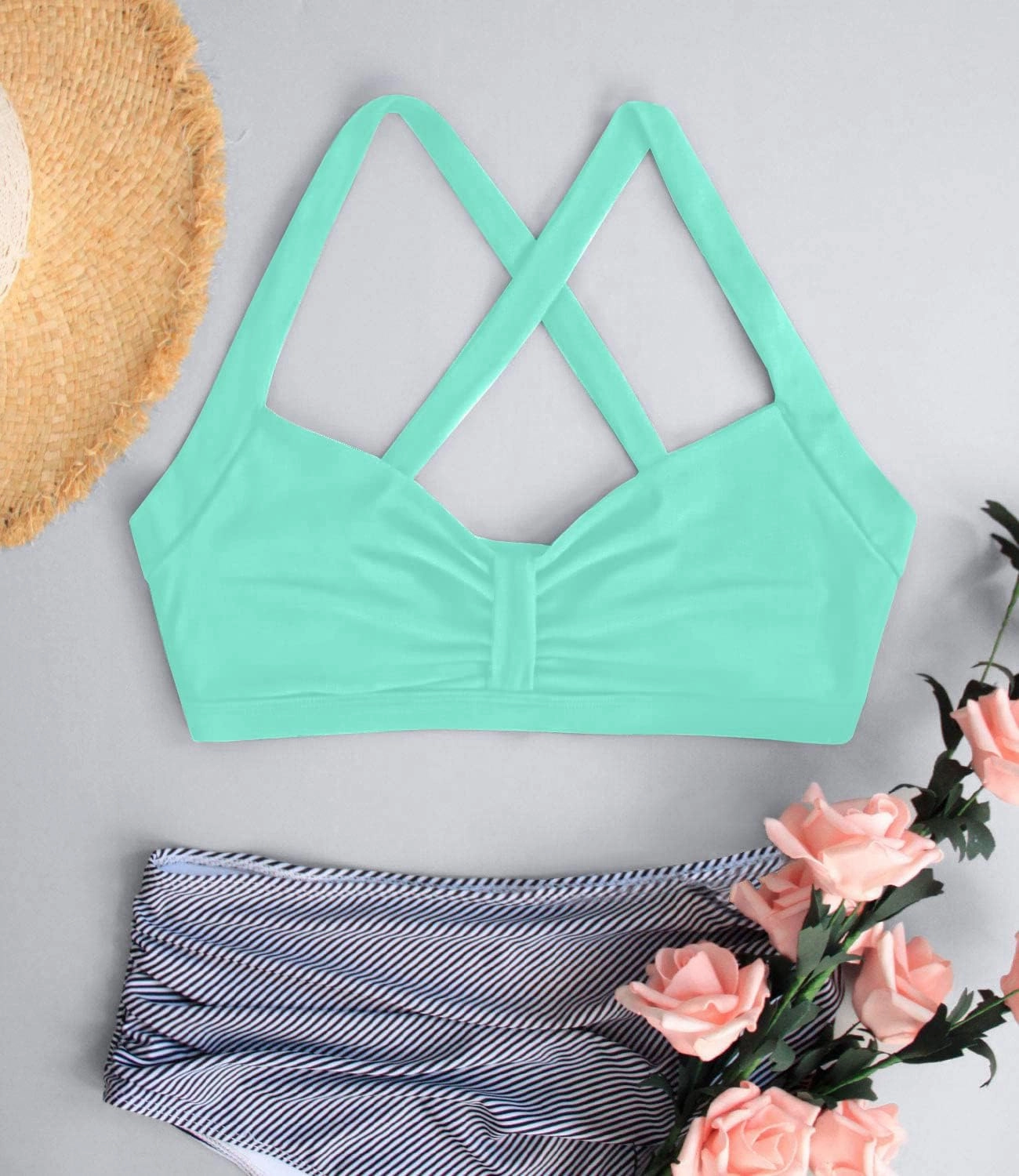 Women's Retro Printed Adjustable Thick Straps Cross Back Push Up Vintage Bikini Swimsuit Tops Only