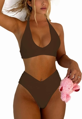 Women's Sexy High Leg Triangle Halter Bikini Set Padded Cup Bikini Cheeky Swimsuit V Cut Thong Bathing Suit