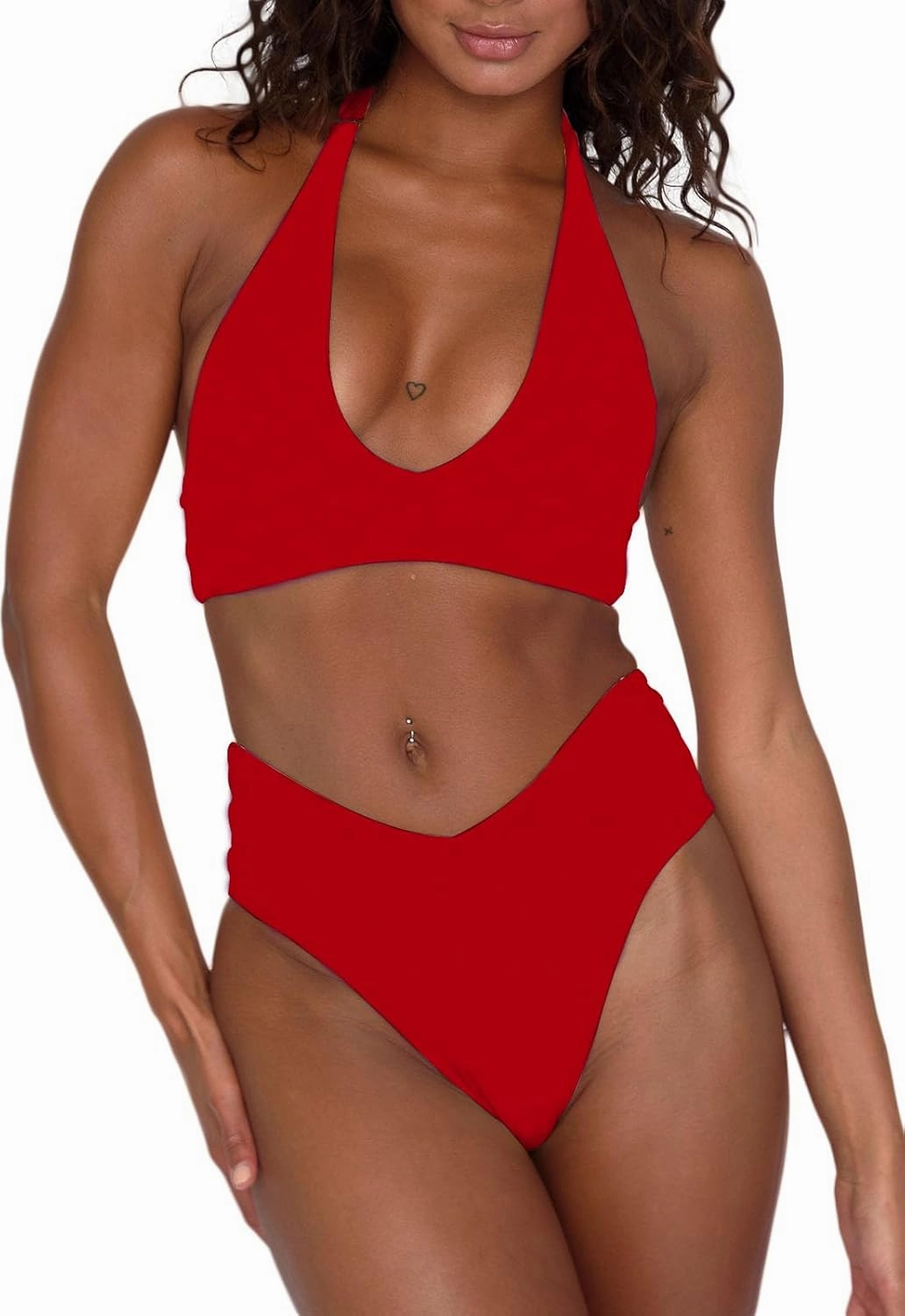 Women's Sexy High Leg Triangle Halter Bikini Set Padded Cup Bikini Cheeky Swimsuit V Cut Thong Bathing Suit