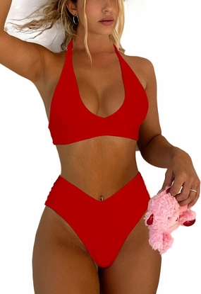Women's Sexy High Leg Triangle Halter Bikini Set Padded Cup Bikini Cheeky Swimsuit V Cut Thong Bathing Suit