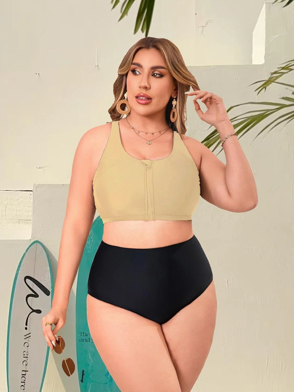 Women's Sports Bra Bikini Top for Large Bust Racerback Swim Bras Zipper in Front Bathing Suit Top Swimsuit Tops Only