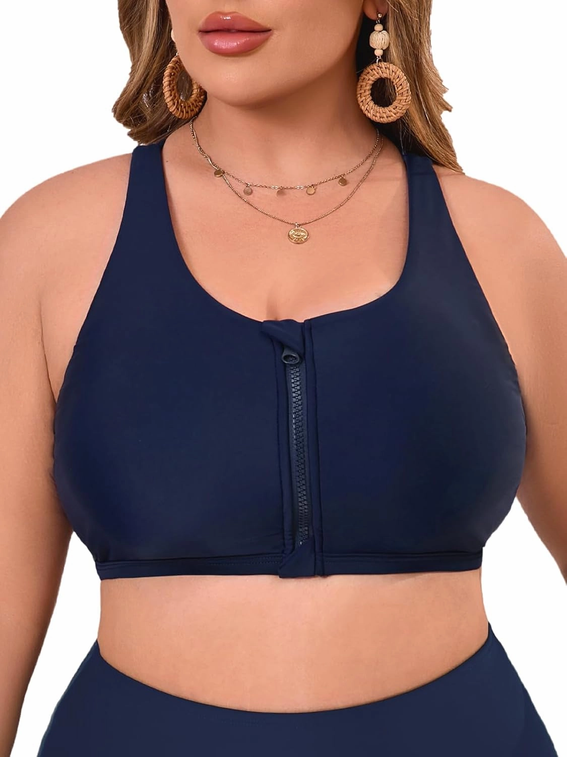 Women's Sports Bra Bikini Top for Large Bust Racerback Swim Bras Zipper in Front Bathing Suit Top Swimsuit Tops Only