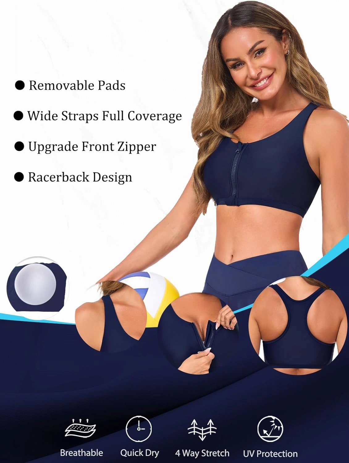 Women's Sports Bra Bikini Top for Large Bust Racerback Swim Bras Zipper in Front Bathing Suit Top Swimsuit Tops Only