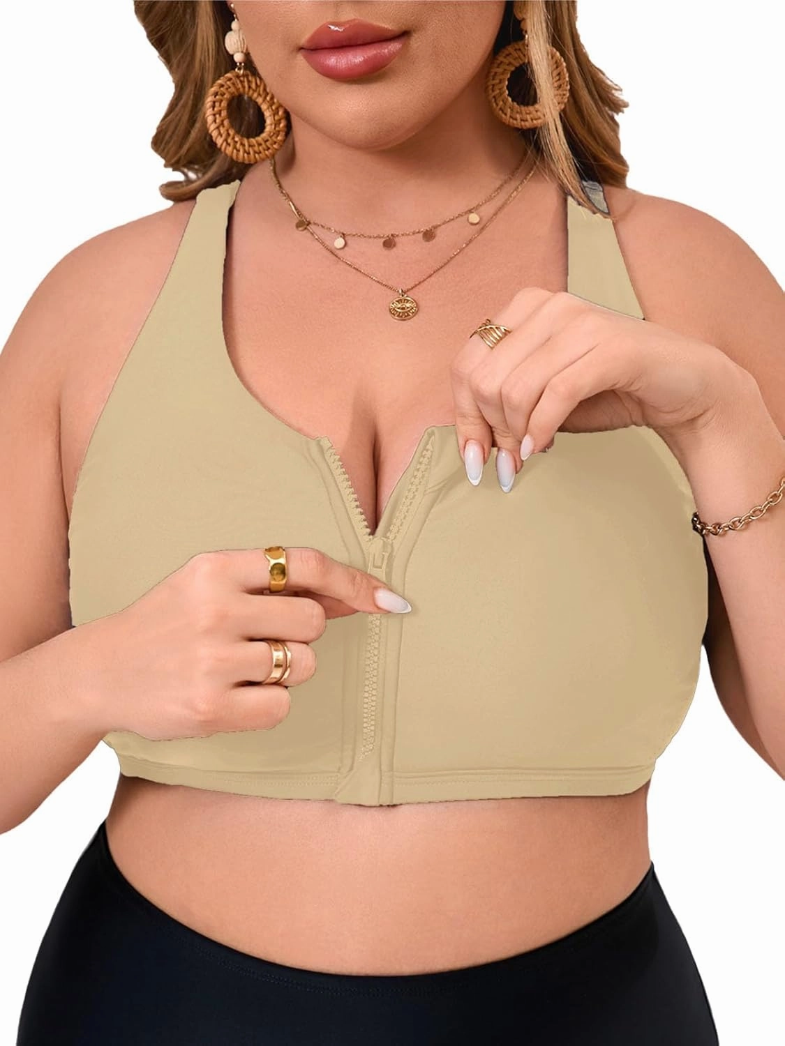 Women's Sports Bra Bikini Top for Large Bust Racerback Swim Bras Zipper in Front Bathing Suit Top Swimsuit Tops Only