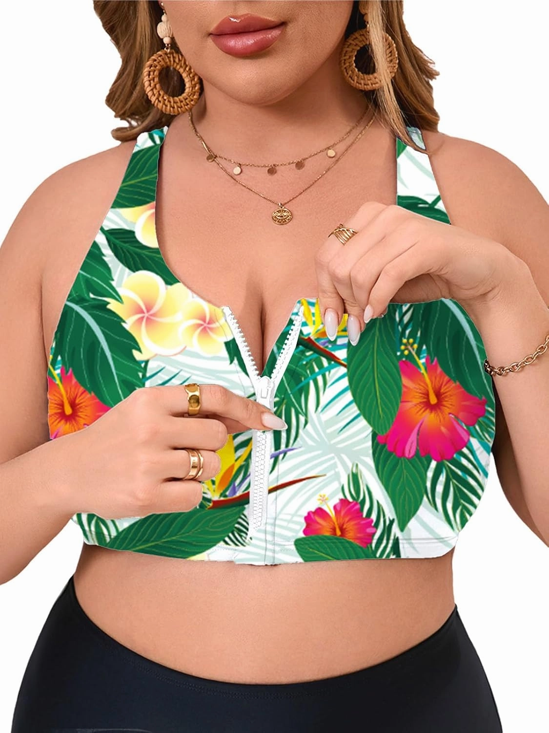Women's Sports Bra Bikini Top for Large Bust Racerback Swim Bras Zipper in Front Bathing Suit Top Swimsuit Tops Only
