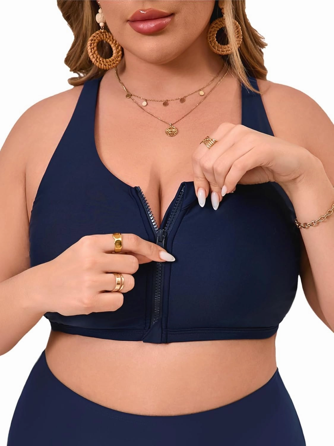 Women's Sports Bra Bikini Top for Large Bust Racerback Swim Bras Zipper in Front Bathing Suit Top Swimsuit Tops Only
