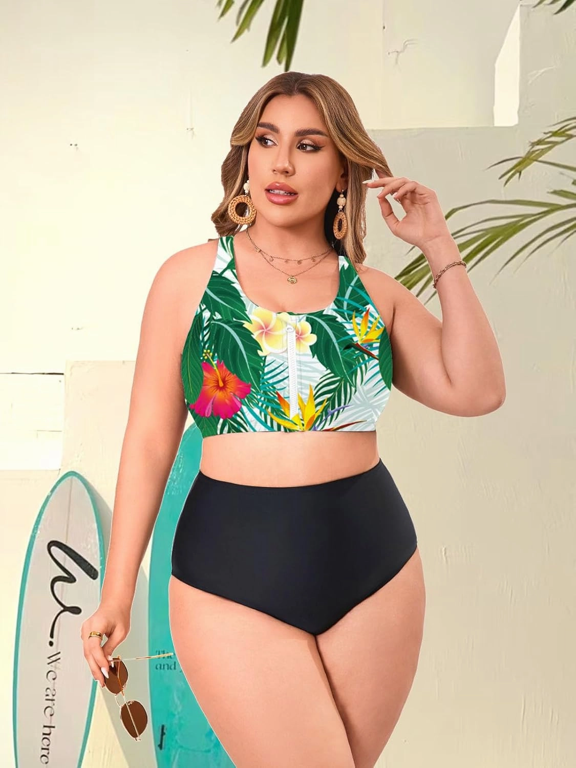 Women's Sports Bra Bikini Top for Large Bust Racerback Swim Bras Zipper in Front Bathing Suit Top Swimsuit Tops Only