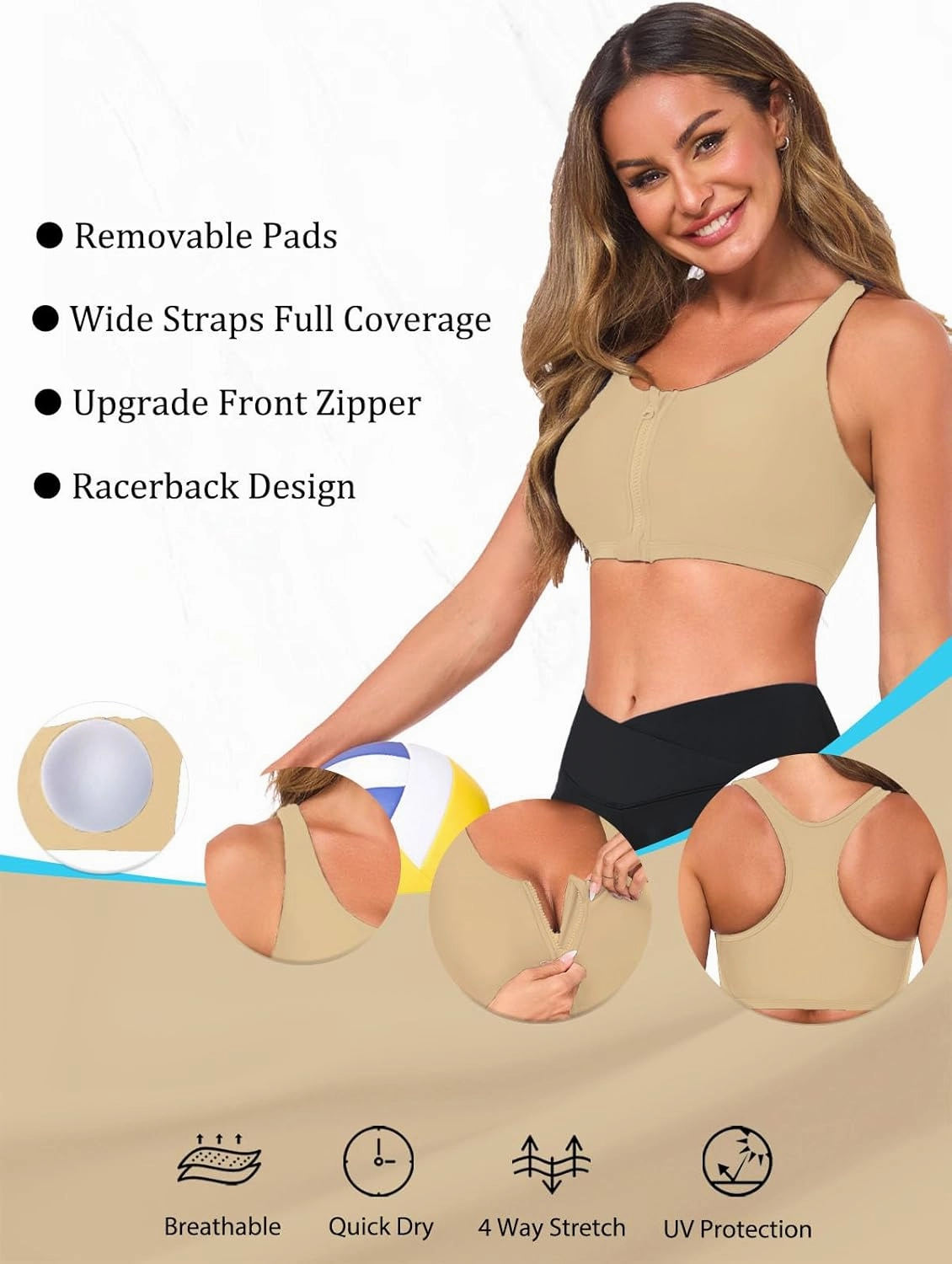 Women's Sports Bra Bikini Top for Large Bust Racerback Swim Bras Zipper in Front Bathing Suit Top Swimsuit Tops Only