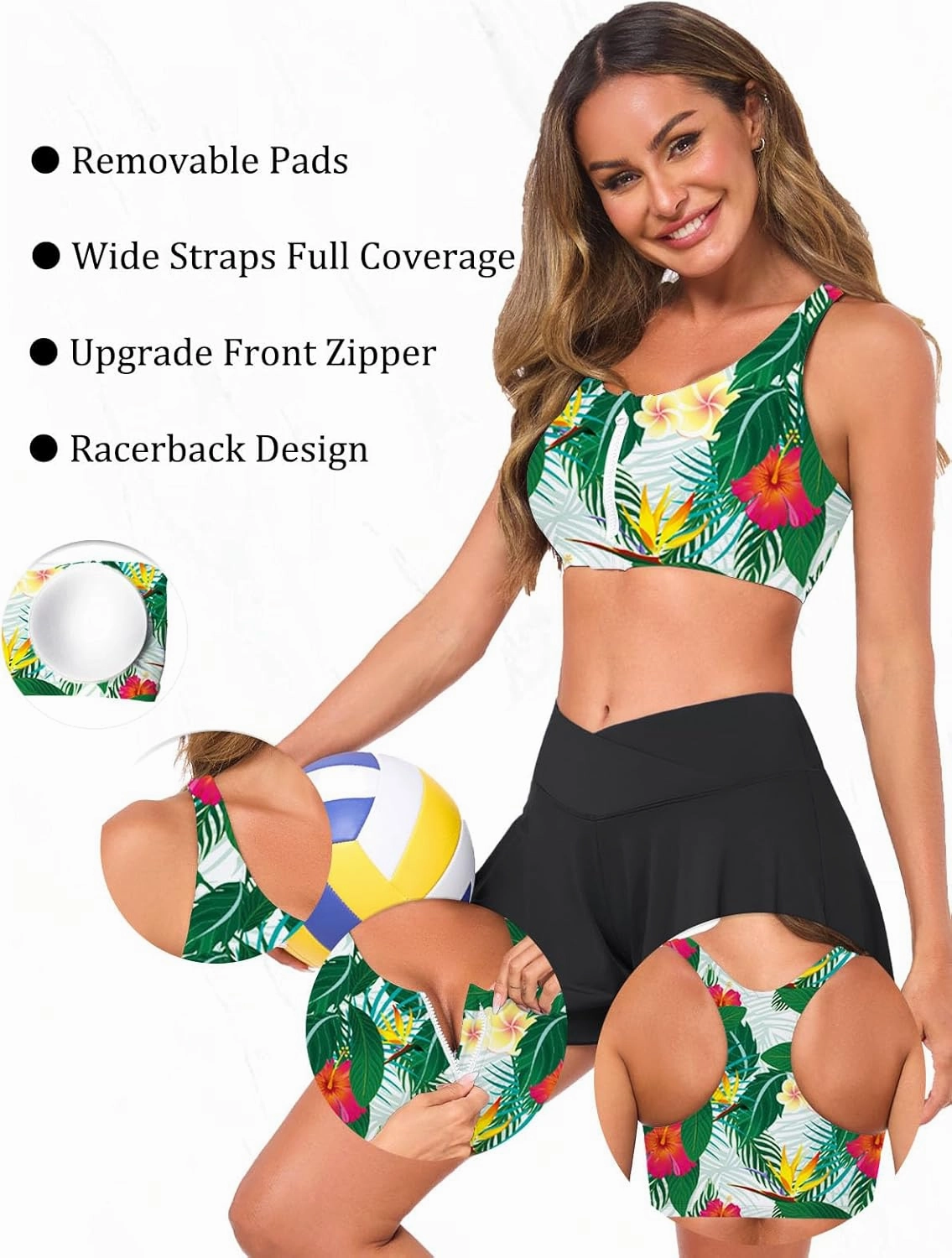 Women's Sports Bra Bikini Top for Large Bust Racerback Swim Bras Zipper in Front Bathing Suit Top Swimsuit Tops Only