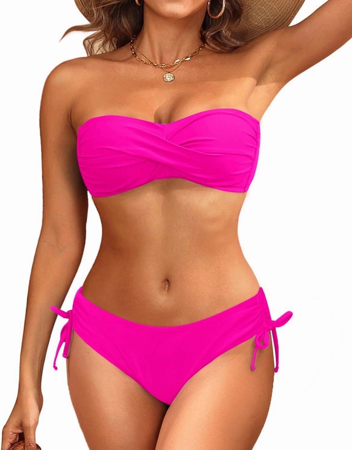 Women's Strapless Bandeau Bikini Set - Twist Front Two Piece Swimsuit Top with Side Tie Bathing Suit Bottom