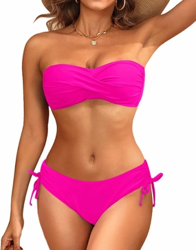 Women's Strapless Bandeau Bikini Set - Twist Front Two Piece Swimsuit Top with Side Tie Bathing Suit Bottom