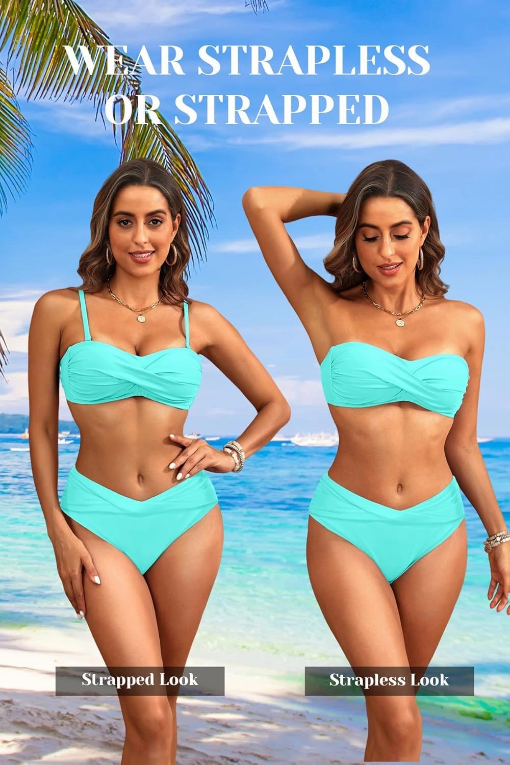 Women's Strapless Bandeau Bikini Set - Twist Front Two Piece Swimsuit with Side Tie Bathing Suit Bottom
