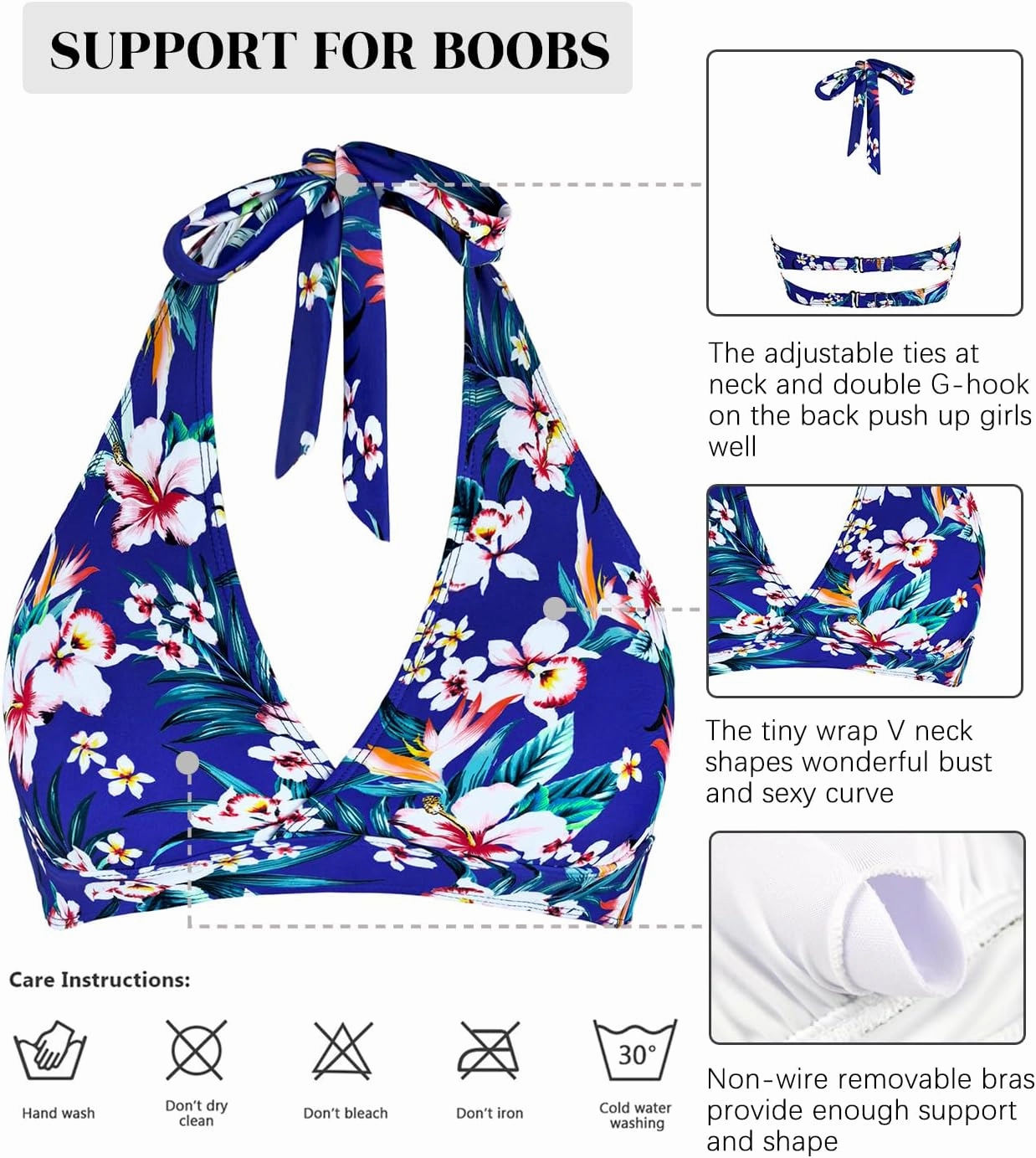 Women's Supportive Halter Bikini Padded Push Up Ruched Bust Hook Back Swimsuit Bathing Suit Tops Only