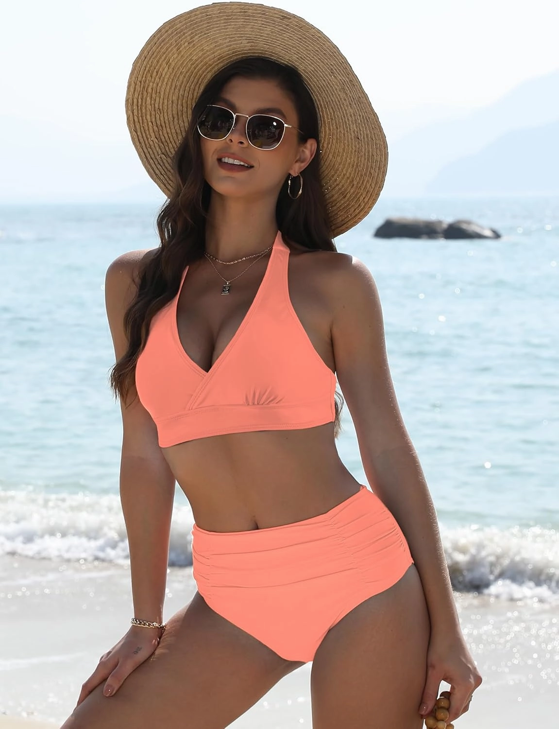 Women's Supportive Halter Bikini Top Ruched Push Up Swimsuit Bathing Suit Top Swimwear Top Only