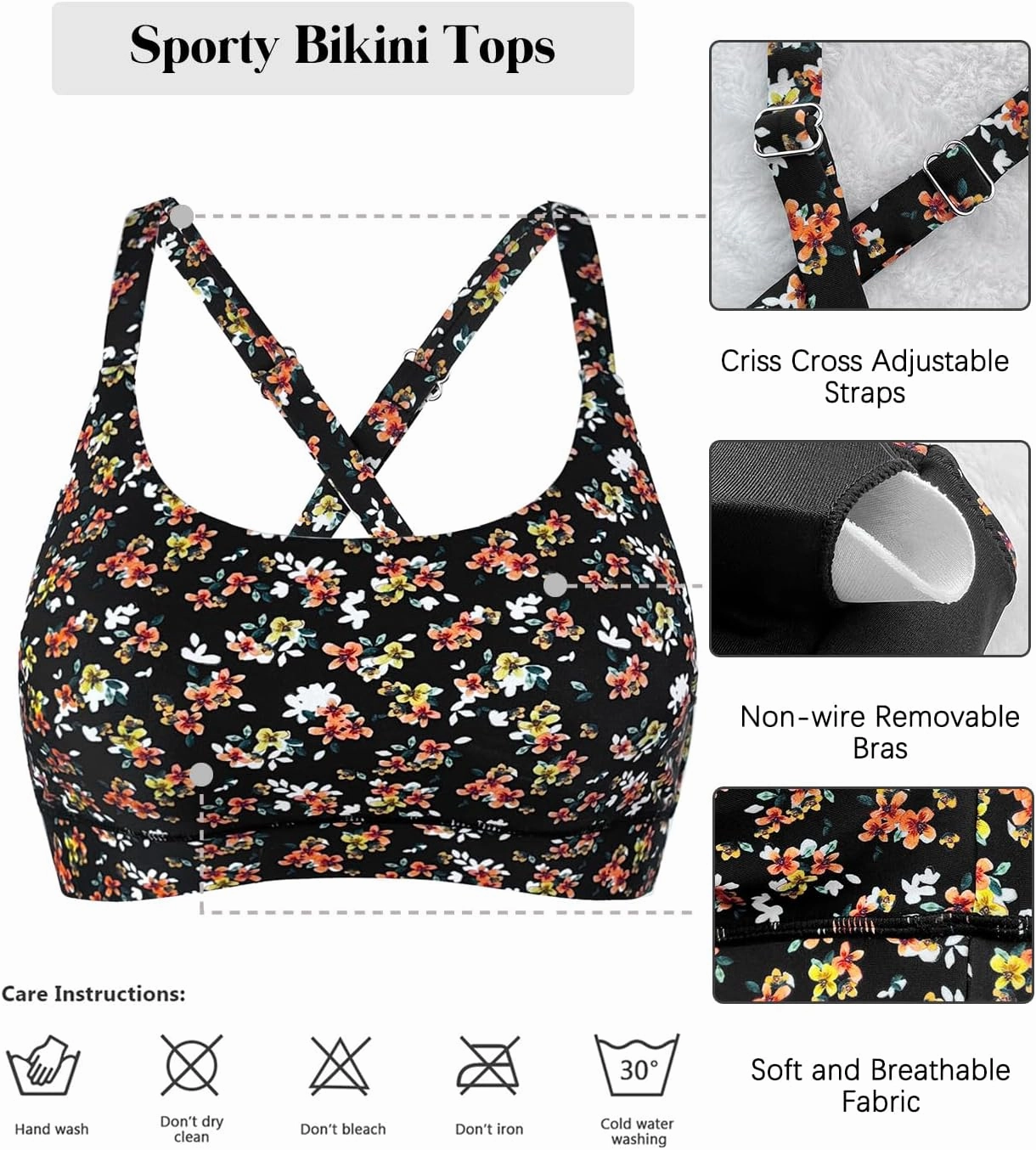 Women??s Supportive Scoop Neck Sporty Swimsuit Cross Spaghetti Strap Bathing Suit Bikini Top
