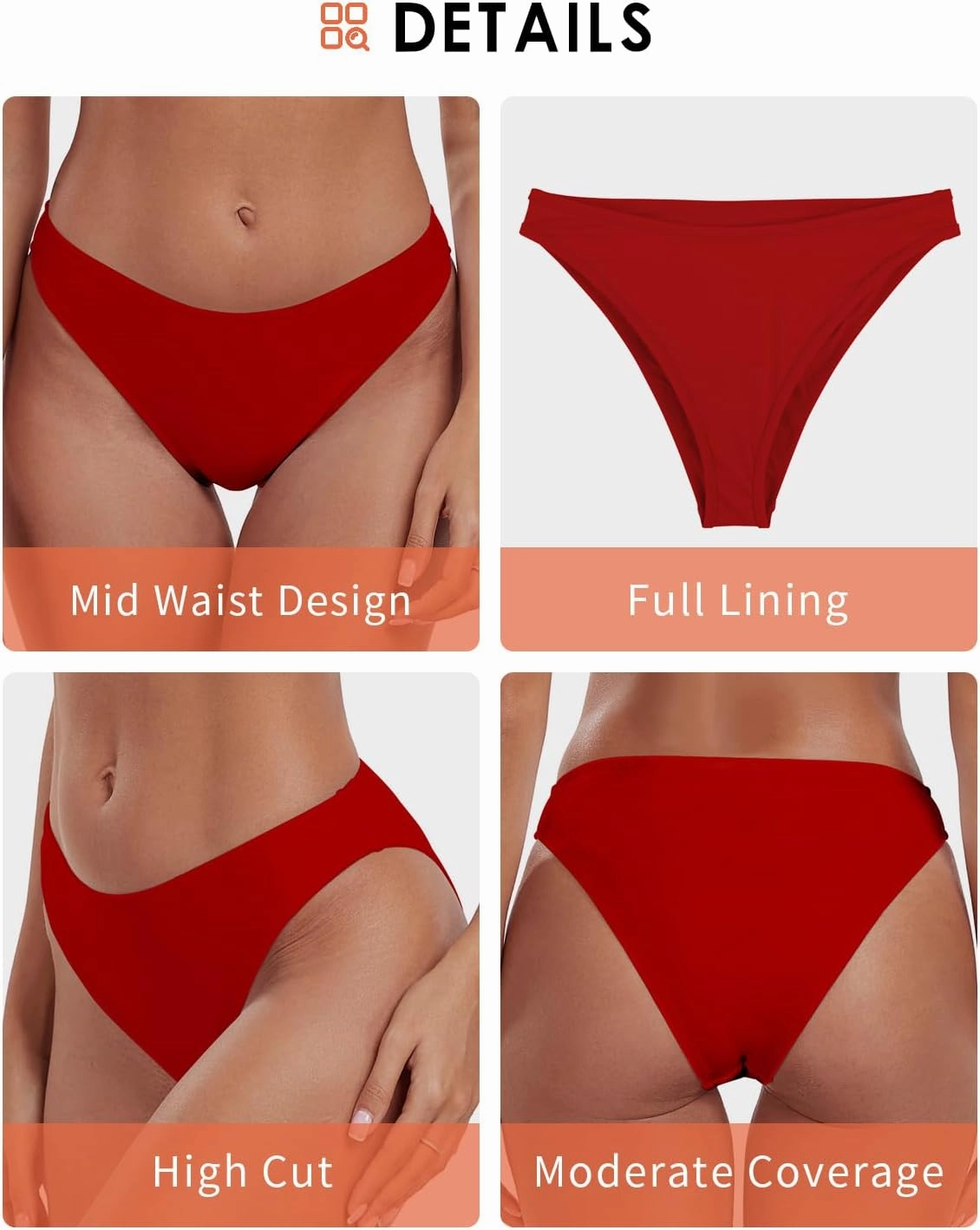 Women's Swim Bottoms High Cut Mid Waisted Bikini Bottoms Moderate Coverage Bathing Suit Bottoms