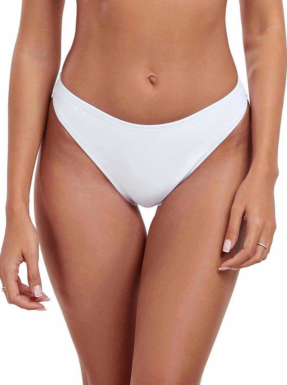 Women's Swim Bottoms High Cut Mid Waisted Bikini Bottoms Moderate Coverage Bathing Suit Bottoms
