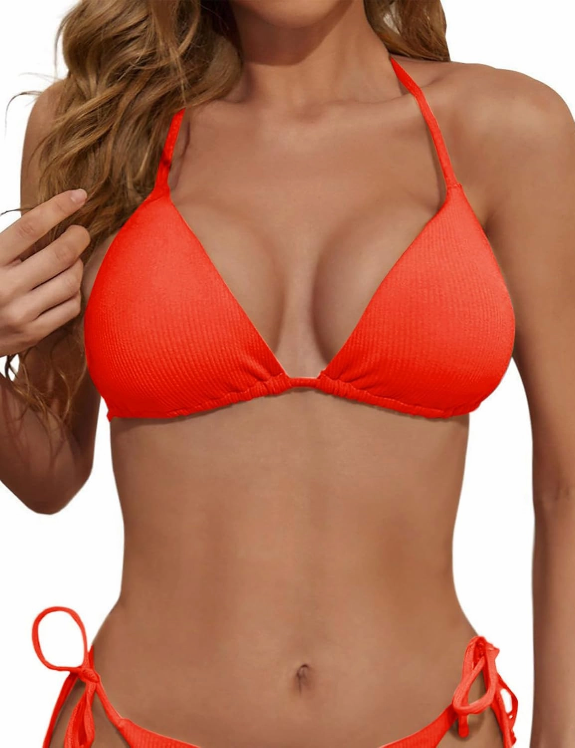 Women's Triangle Bikini Top Ribbed Push up Padded Halter String Bathing Suits Top