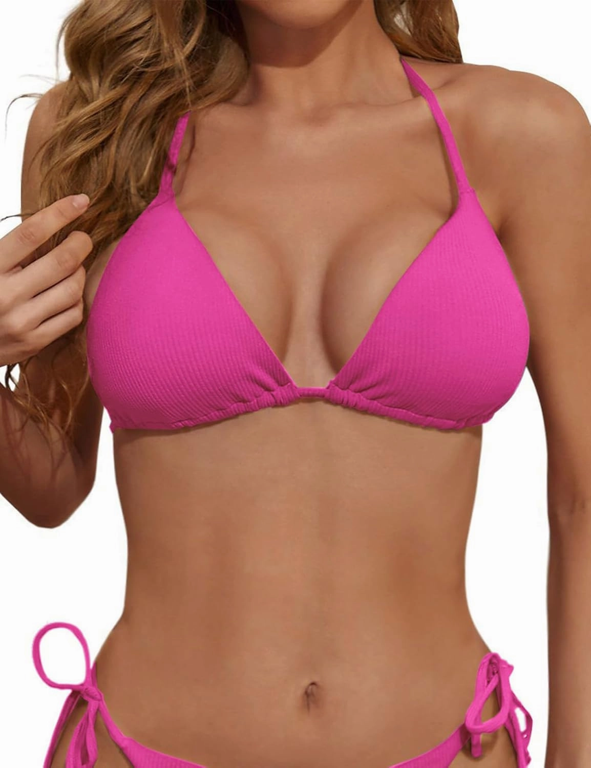 Women's Triangle Bikini Top Ribbed Push up Padded Halter String Bathing Suits Top