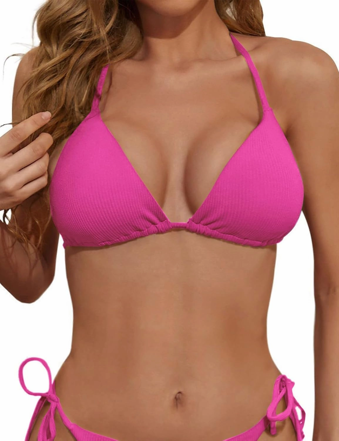 Women's Triangle Bikini Top Ribbed Push up Padded Halter String Bathing Suits Top