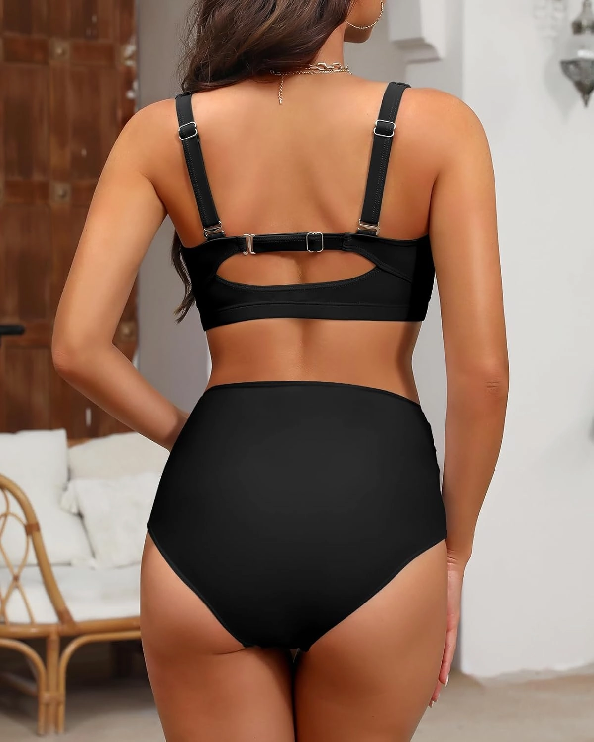 Women's Twist Front Full Coverage Swimsuit V Neck Padded High Waisted Ruched Bikini Set Two Piece Bathing Suit