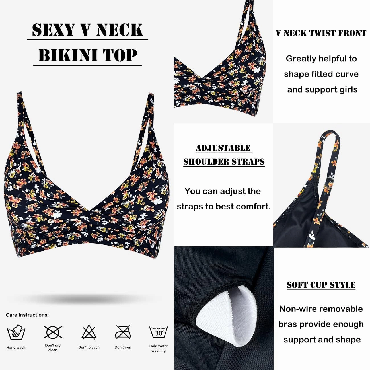 Women's Twist Front V Neck Bikini Top Padded Adjustable Spaghetti Straps Bathing Suit Tops Only