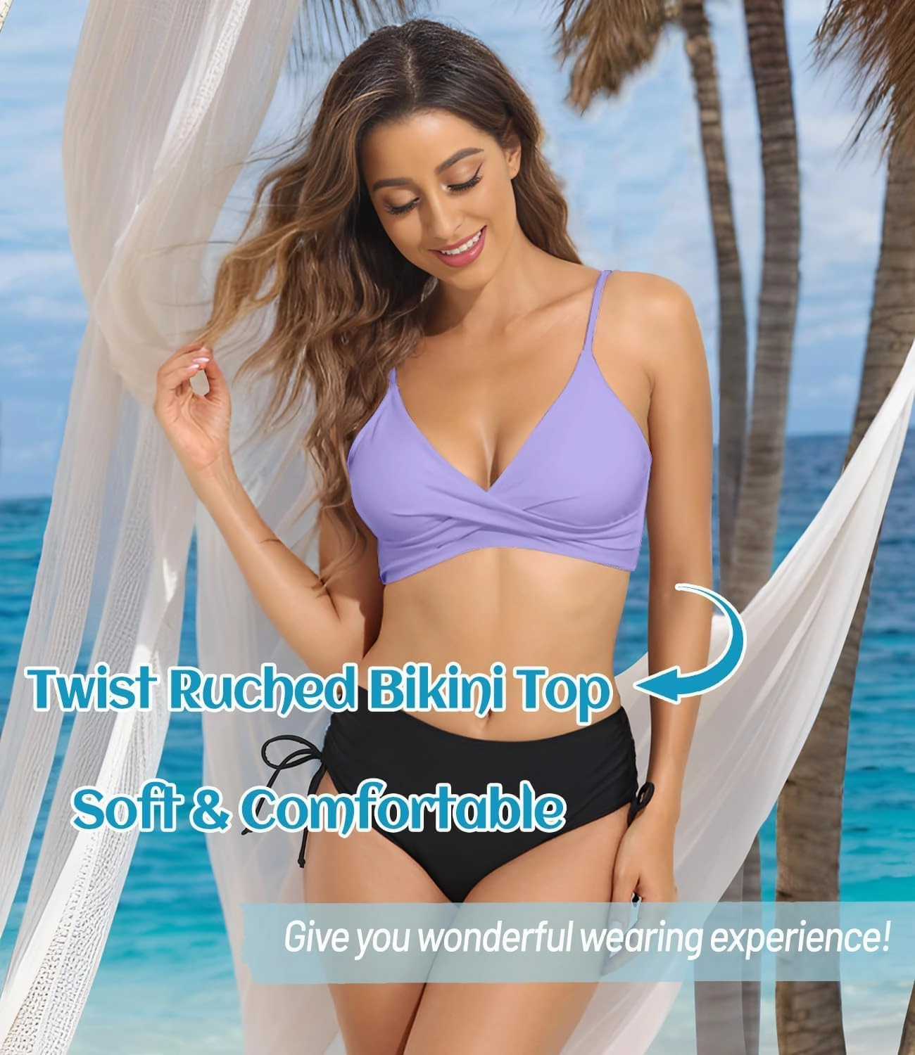 Women's Twist Front V Neck Bikini Top Padded Adjustable Spaghetti Straps Bathing Suit Tops Only