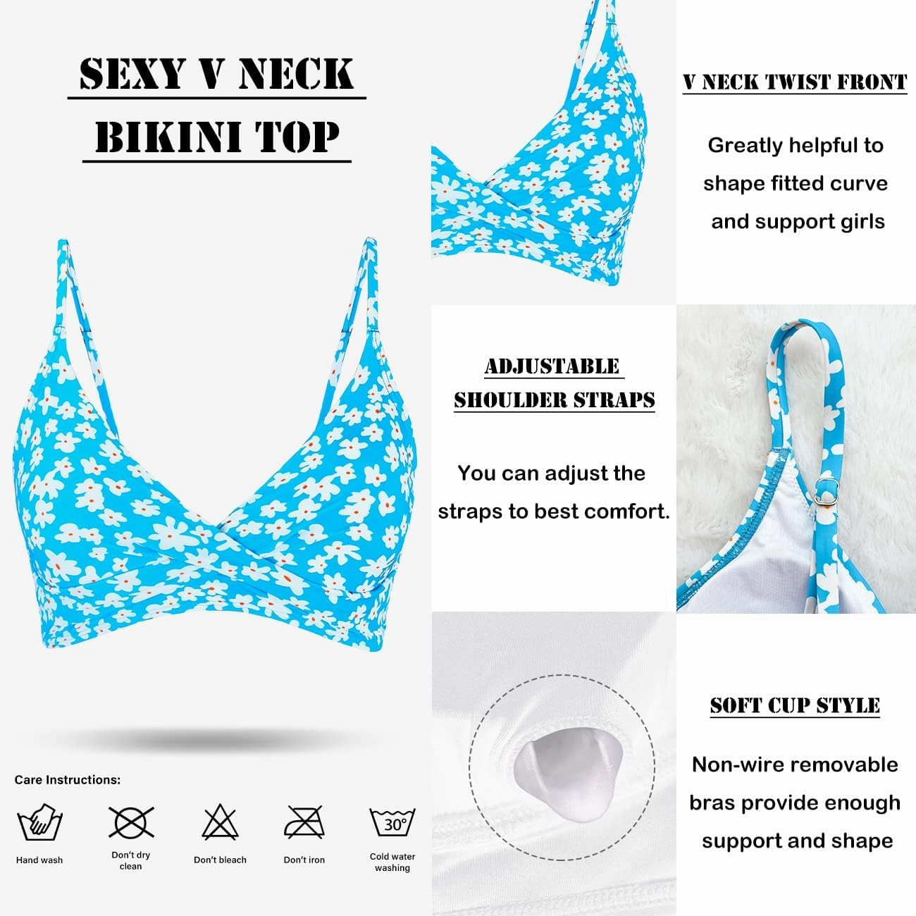 Women's Twist Front V Neck Bikini Top Padded Adjustable Spaghetti Straps Bathing Suit Tops Only