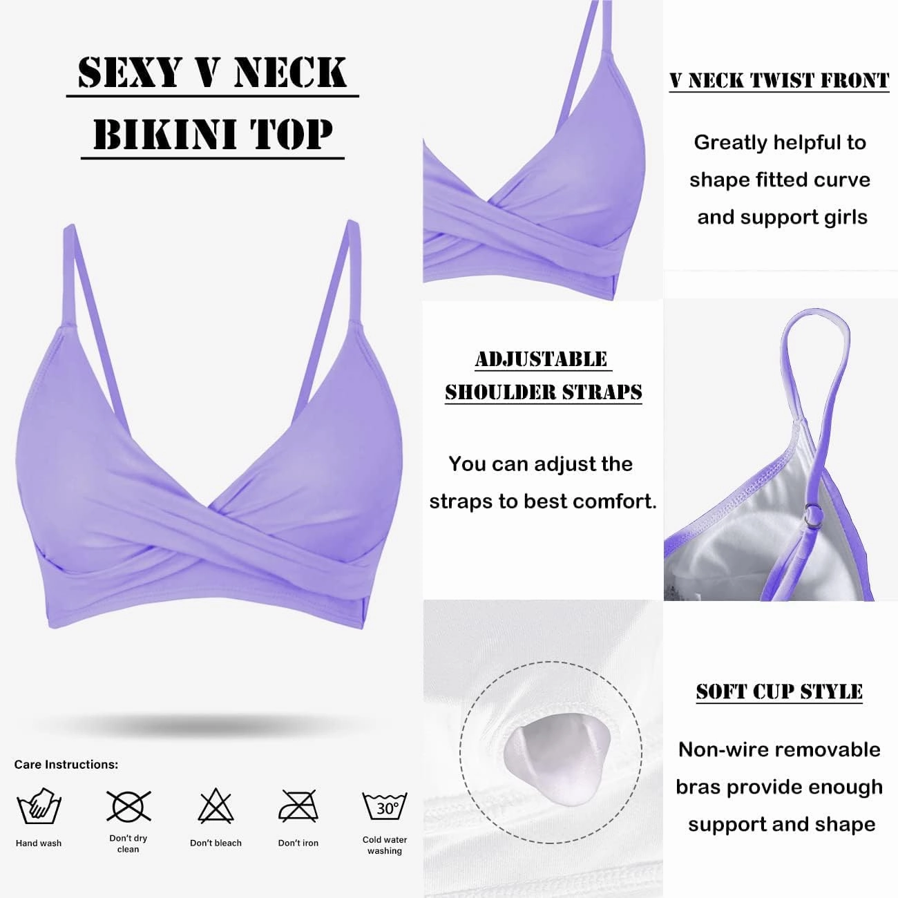 Women's Twist Front V Neck Bikini Top Padded Adjustable Spaghetti Straps Bathing Suit Tops Only