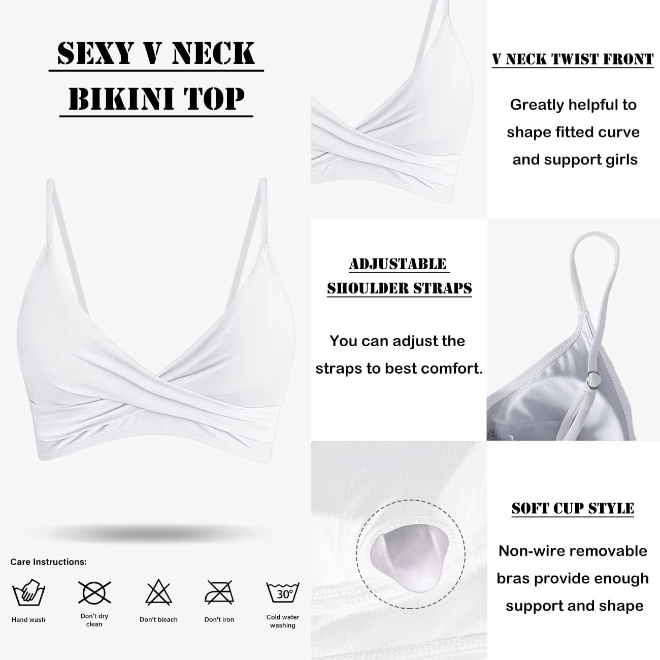 Women's Twist Front V Neck Bikini Top Padded Adjustable Spaghetti Straps Bathing Suit Tops Only