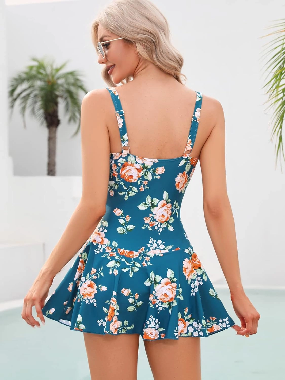 Women's Vintage One Piece Swimdress Floral Print Swimsuits Ruffle Skirt Bathing Suits Tummy Control Swimwear