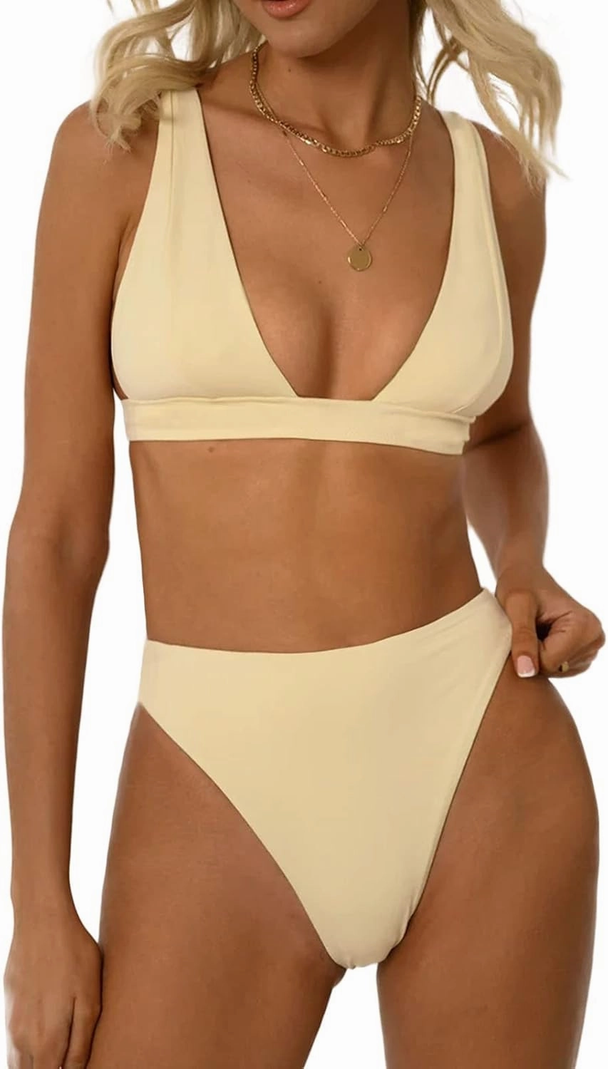 Women Sexy Brazilian Bikini Sets 2 Piece Cheeky Triangle Bikini V Neck Swimsuit high Cut Thong Bottom