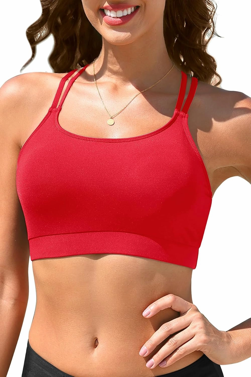 Women Sports Bra Bikini Top - Scoop Neck Criss Cross Back Swim Top Spaghetti Straps Bathing Suit Top Only 2025