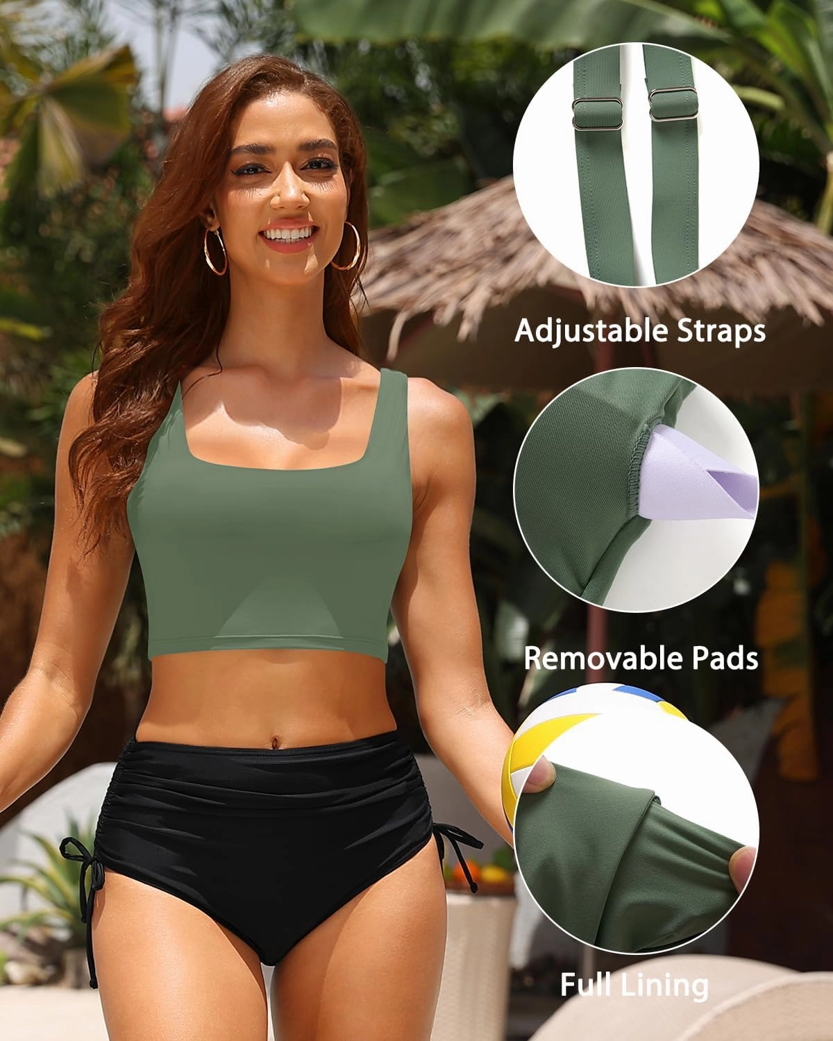 Women Sports Bra Swimsuit Top - Crop Bikini Top Only Modest Bathing Suit 2025 Square Neck Swimwear